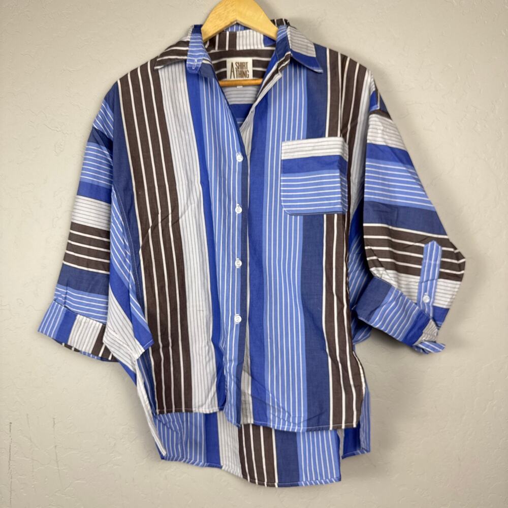 A SHIRT THING Striped Button Down Tunic Top 100% Cotton Size Petite Small USA